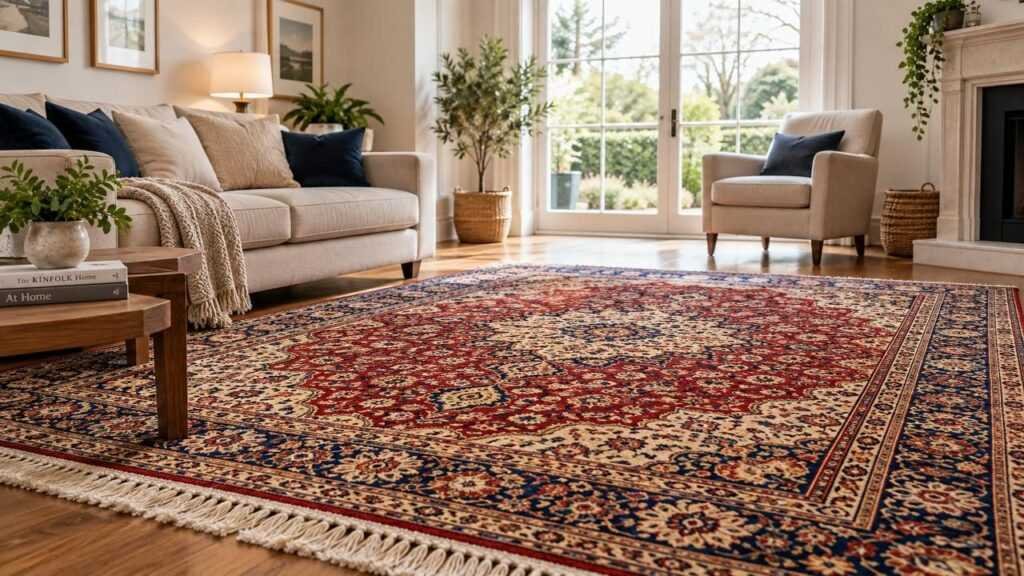 Traditional patterned rug in a bright living room