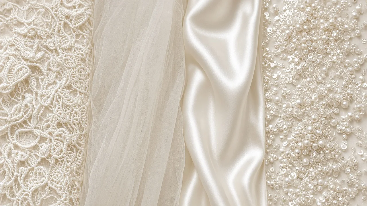 Wedding Dress Cleaning Before and After - illustrative bridal fabrics: lace, tulle, satin and pearl beading