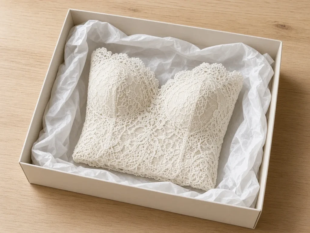 Illustrative lace wedding bodice folded in acid-free tissue in a storage box