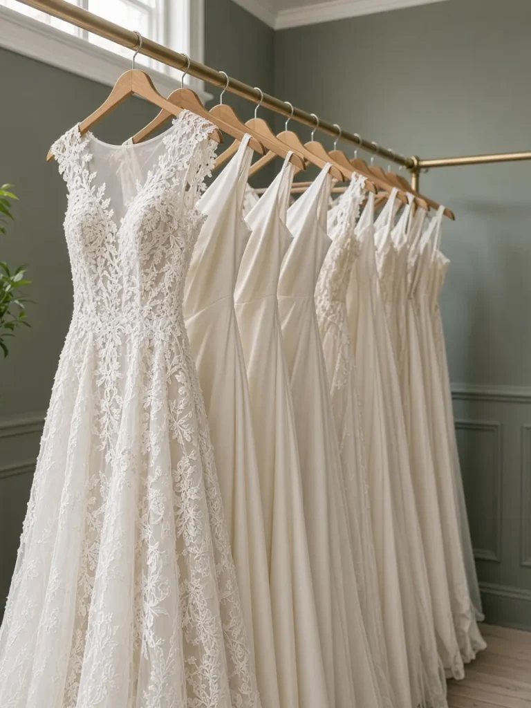 Cleaning a Second Hand or Sample Wedding Dress - sample wedding gowns on a boutique rail