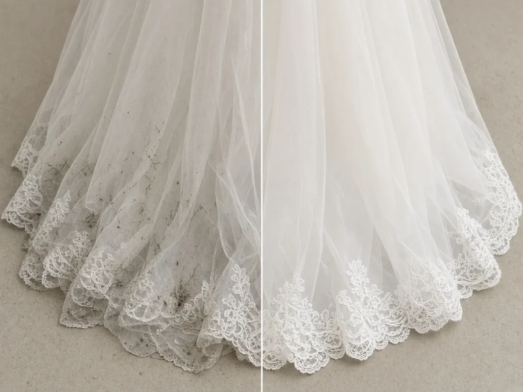 Illustrative split image of a soiled and a clean tulle wedding dress hem - not a real customer result