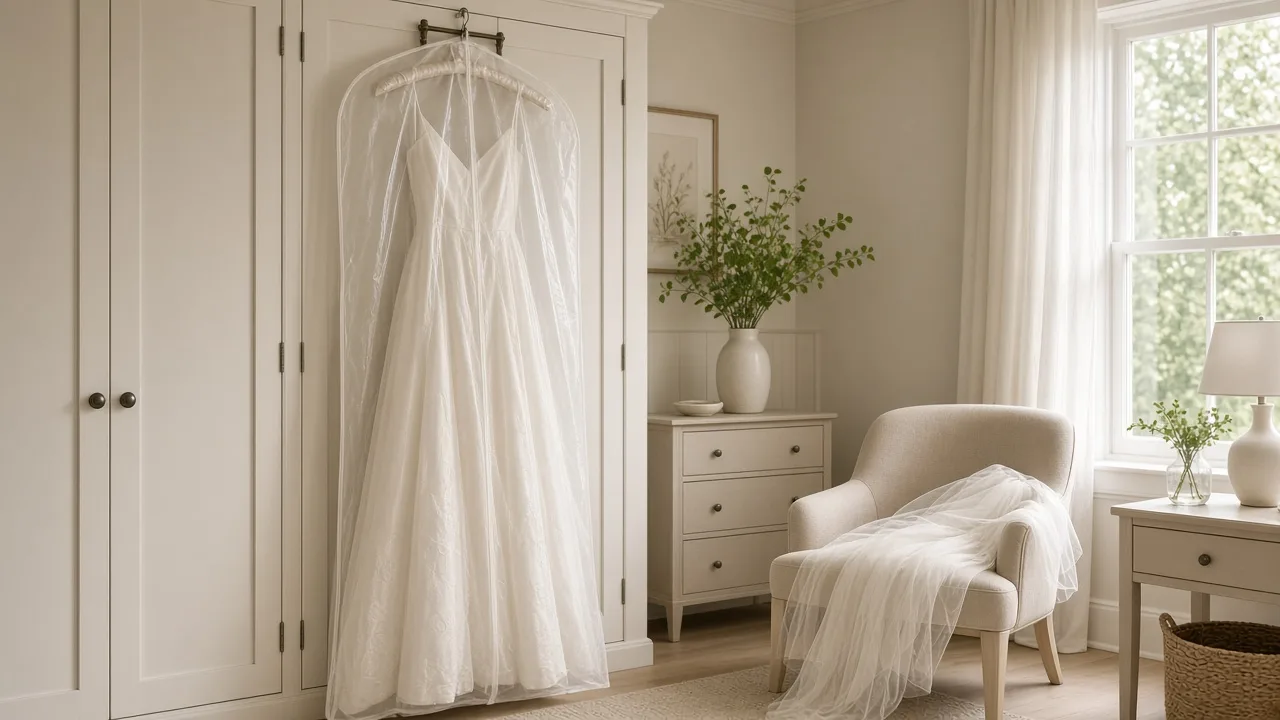 Wedding gown in a garment cover hanging ready before the wedding, with a veil on a chair