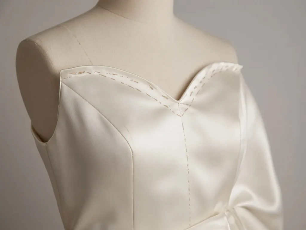 Make-up marks along the neckline of a satin sample wedding dress