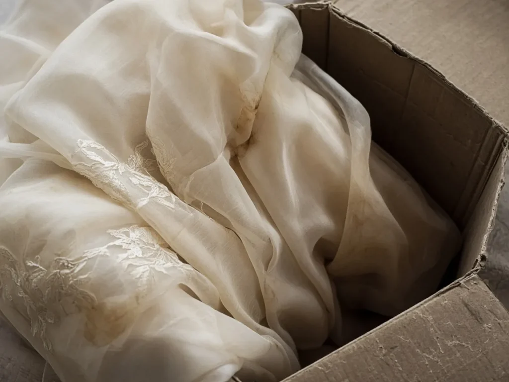 Yellowed patches on a stored second-hand wedding dress in an old cardboard box
