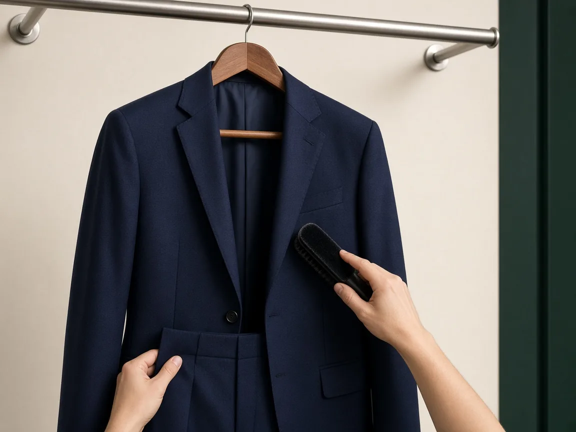 Brushing a navy suit before pressing