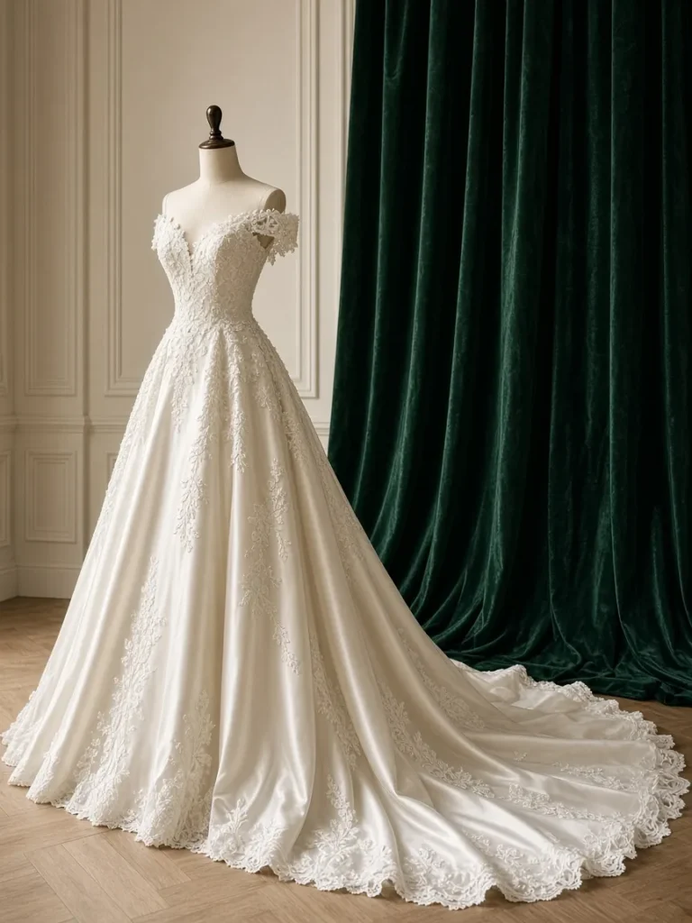 Wedding Dress Cleaning Before and After - illustrative image of an ivory satin and lace wedding gown on a dress form