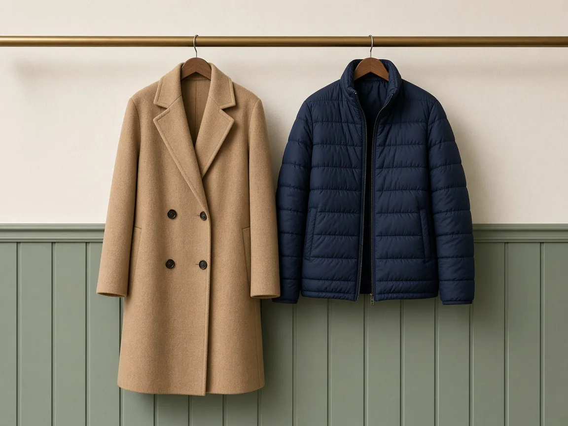 Wool overcoat and padded jacket after cleaning